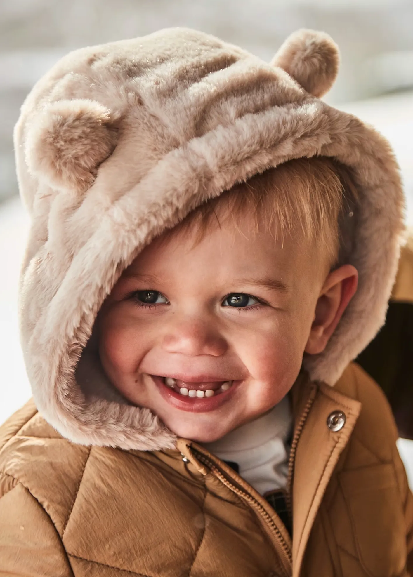 Mayoral - Baby Quilted Jacket with Fur Hood Toffee