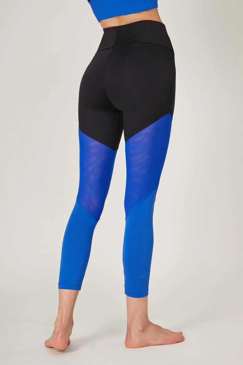 Medium Compression Waisted Leggings with Illusion Mesh Bottom Blue
