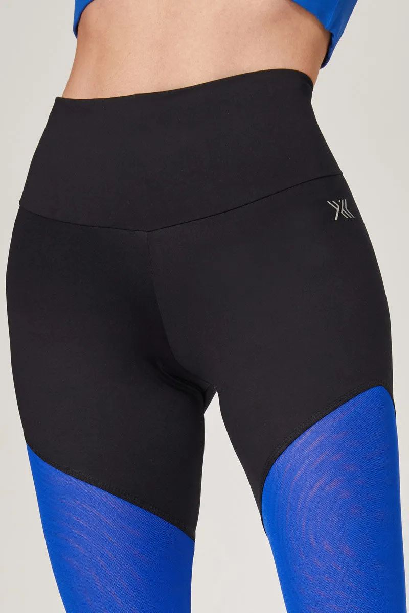 Medium Compression Waisted Leggings with Illusion Mesh Bottom Blue