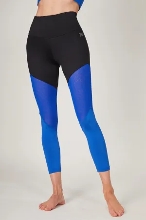 Medium Compression Waisted Leggings with Illusion Mesh Bottom Blue