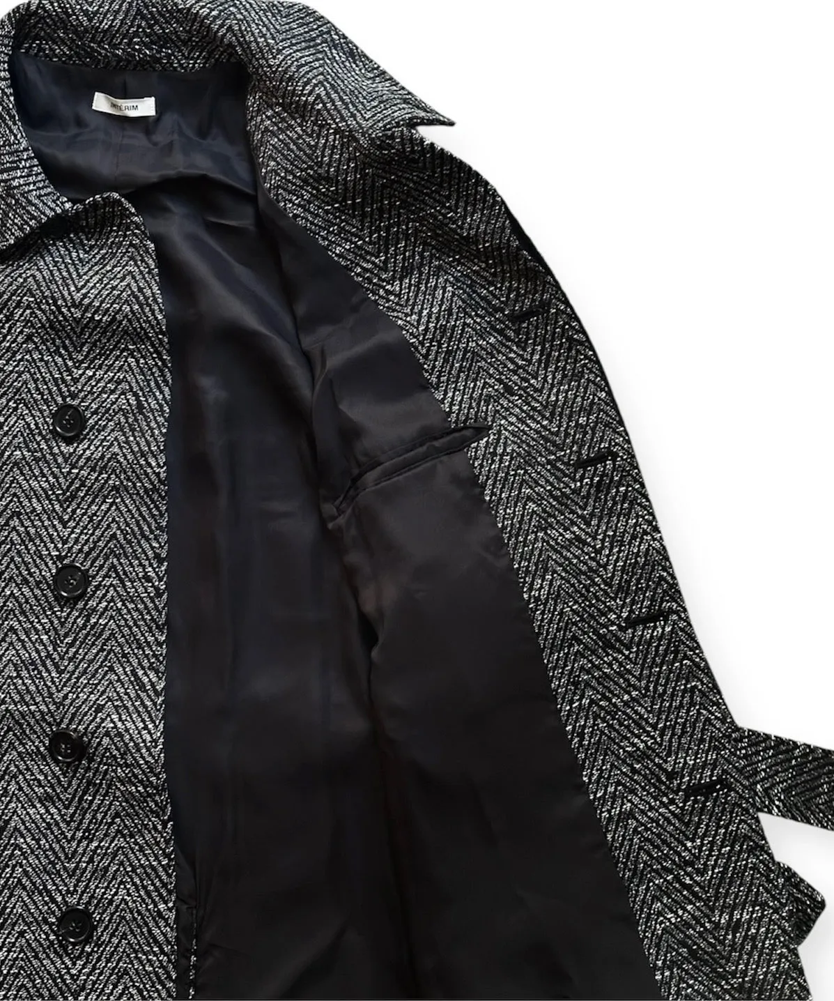 MELANGE DONEGAL HERRINGBONE HYPER BIG BELTED OVER COAT "BLACK HBT(LONG)"