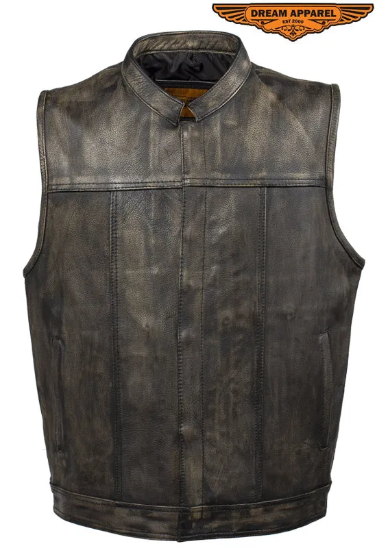 Mens Distressed Brown Leather Motorcycle Club Vest