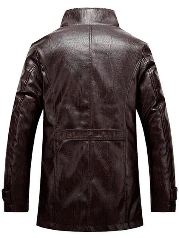 Men's Stand Collar Flocking Single Breasted PU-Leather Jacket