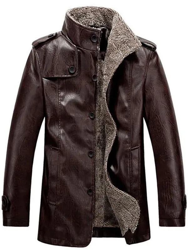 Men's Stand Collar Flocking Single Breasted PU-Leather Jacket