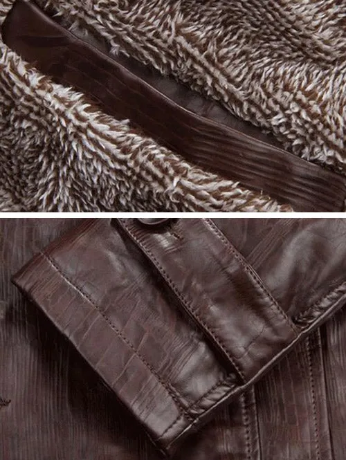 Men's Stand Collar Flocking Single Breasted PU-Leather Jacket