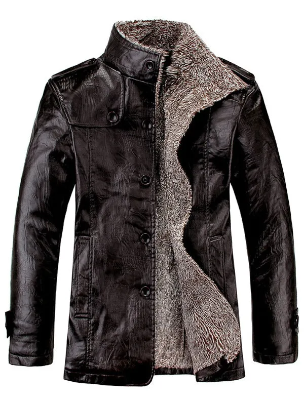 Men's Stand Collar Flocking Single Breasted PU-Leather Jacket