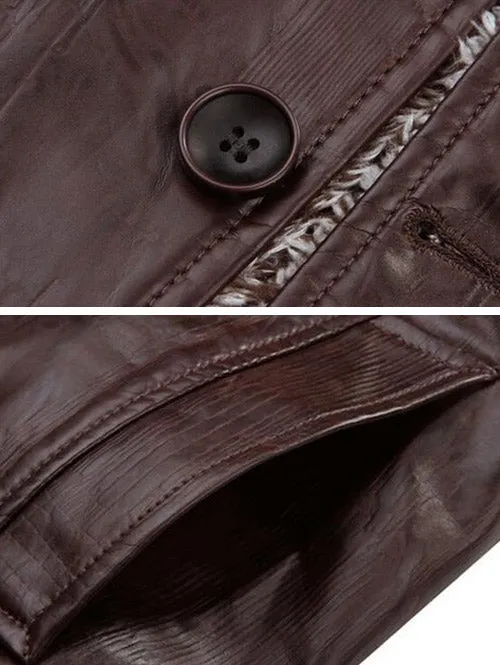 Men's Stand Collar Flocking Single Breasted PU-Leather Jacket