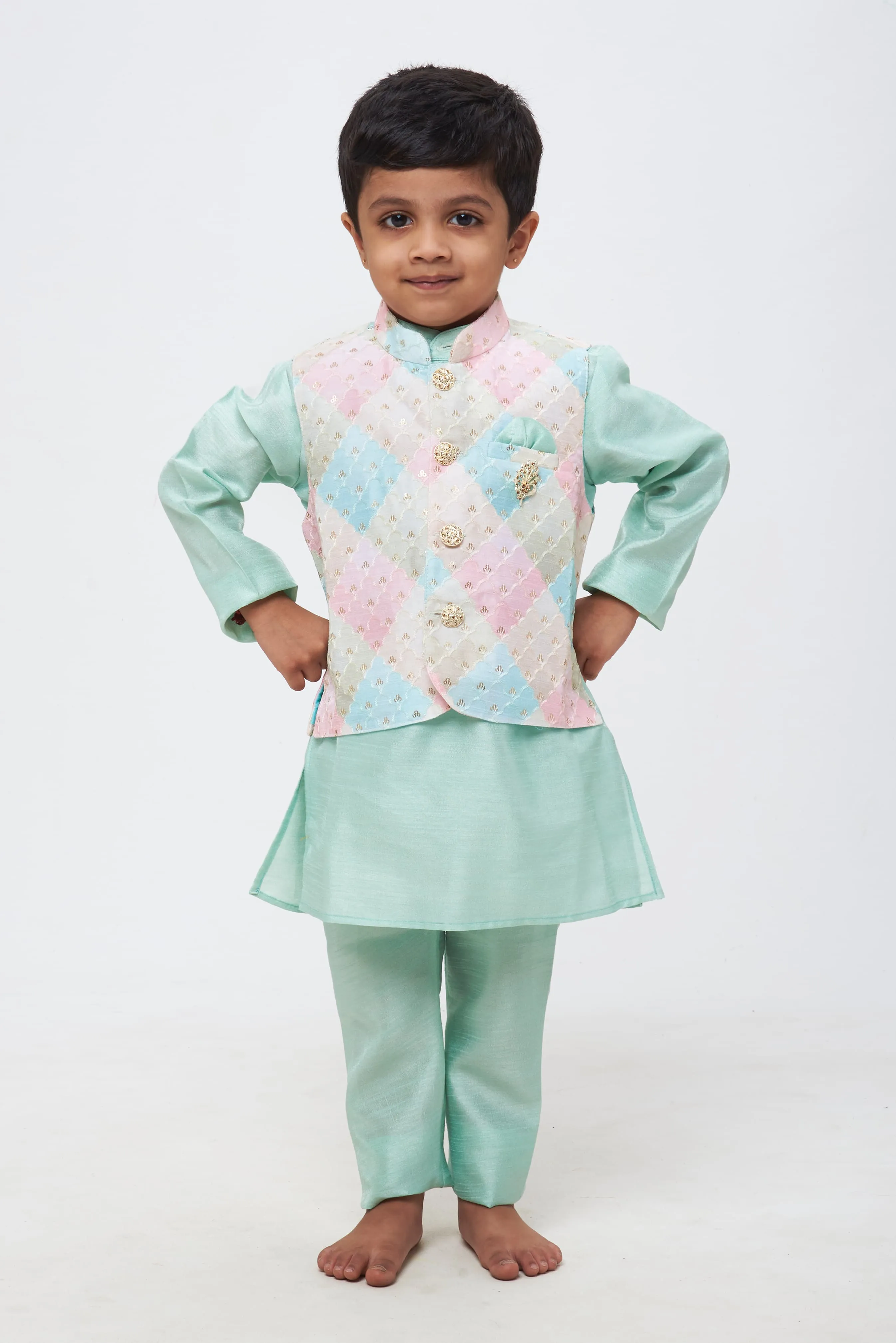 Oceanic Radiance: Boys Turquoise Kurta Shirt and Pant Set with Sequin Embroidered Overcoat