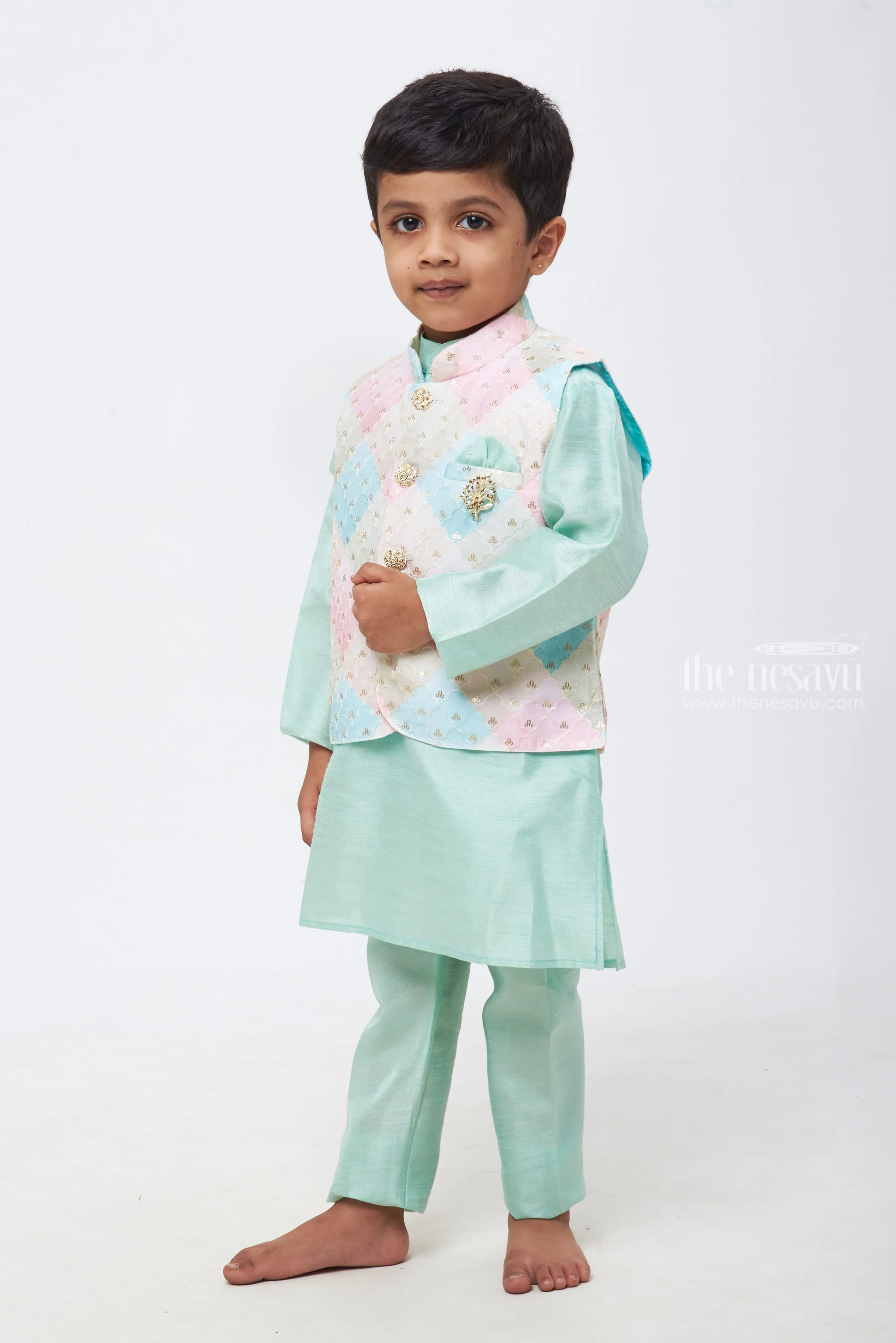 Oceanic Radiance: Boys Turquoise Kurta Shirt and Pant Set with Sequin Embroidered Overcoat