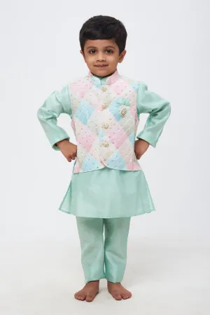 Oceanic Radiance: Boys Turquoise Kurta Shirt and Pant Set with Sequin Embroidered Overcoat