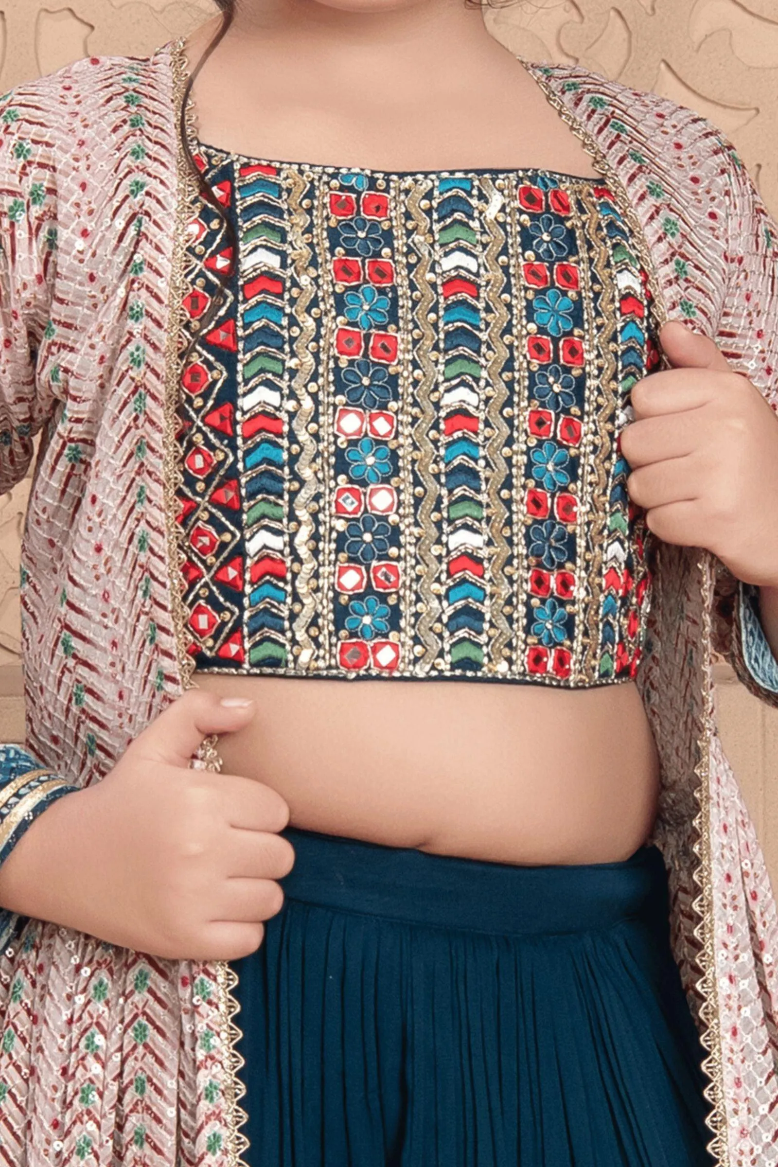 Peacock Blue with Light Pink Long Overcoat with Choli and Palazzo Set For Girls