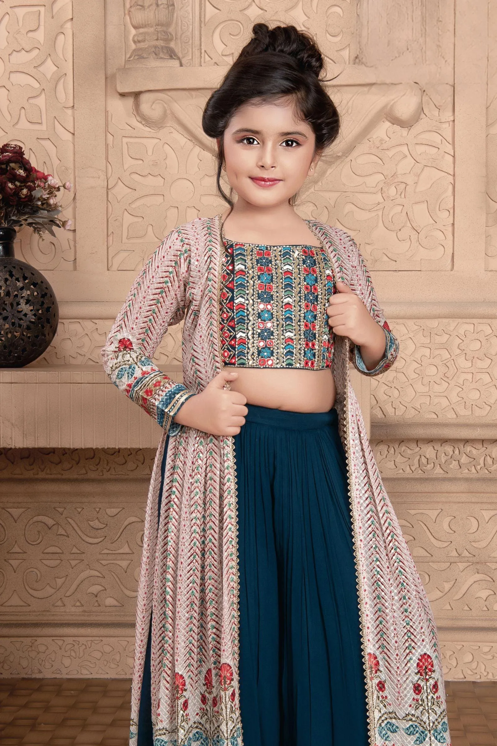 Peacock Blue with Light Pink Long Overcoat with Choli and Palazzo Set For Girls