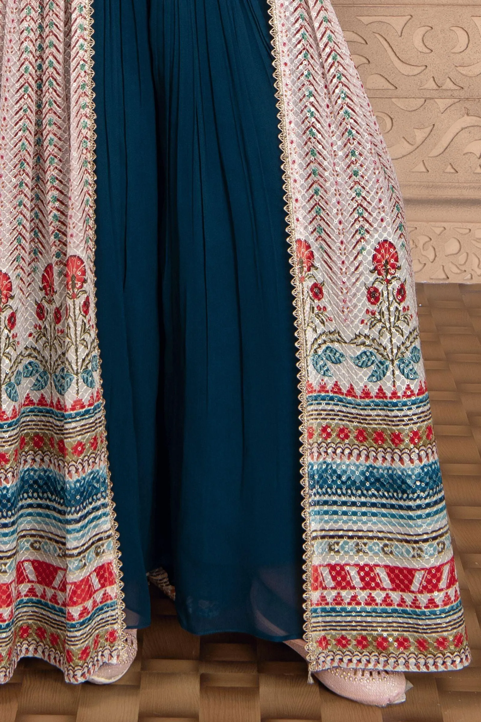Peacock Blue with Light Pink Long Overcoat with Choli and Palazzo Set For Girls