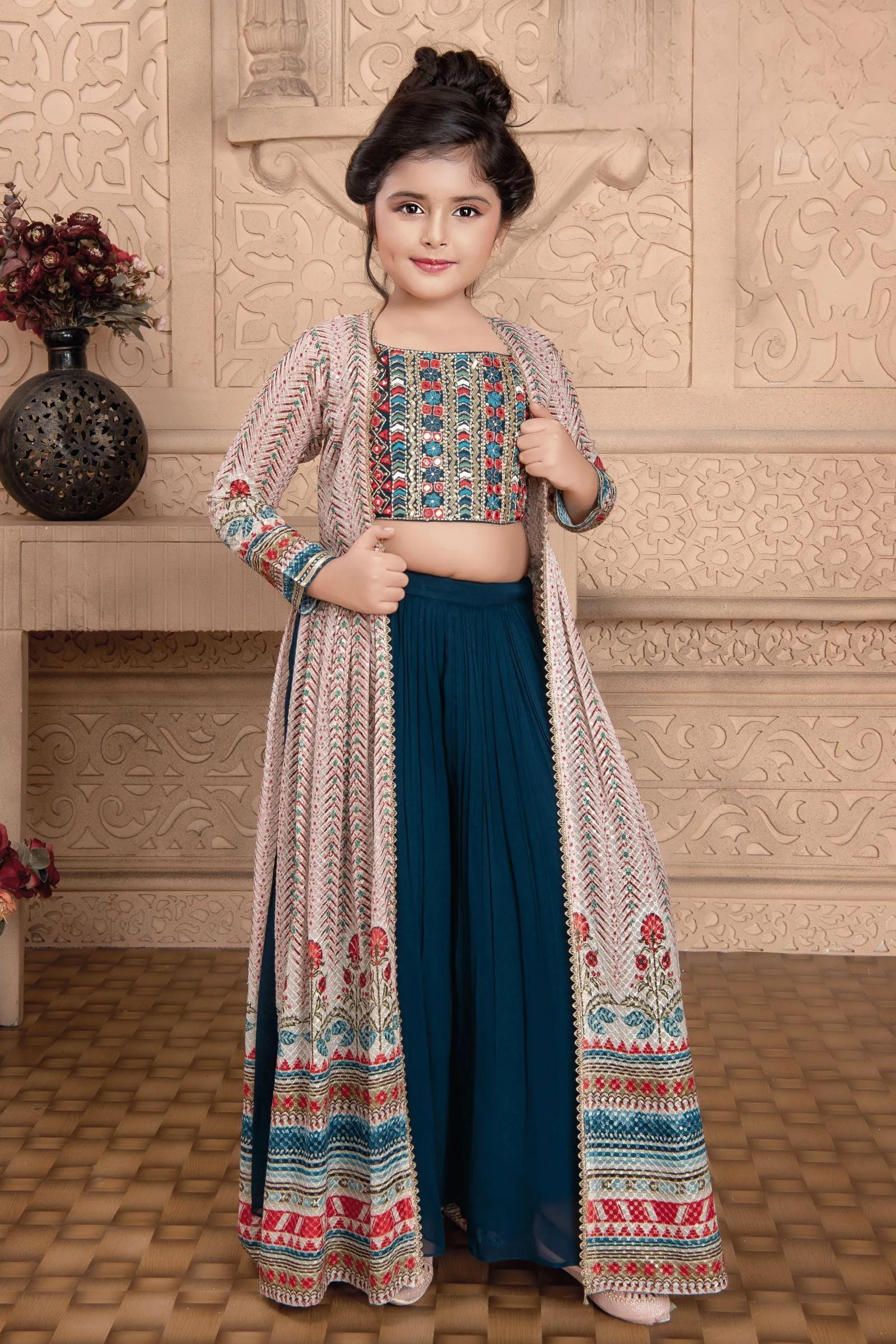 Peacock Blue with Light Pink Long Overcoat with Choli and Palazzo Set For Girls