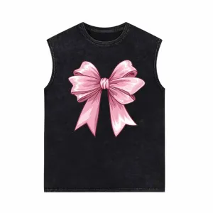 Pink Fluffy Bow Vintage Washed Vest Top