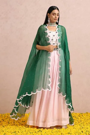 Pink Silk Co-Ord Set With Emerald Cape