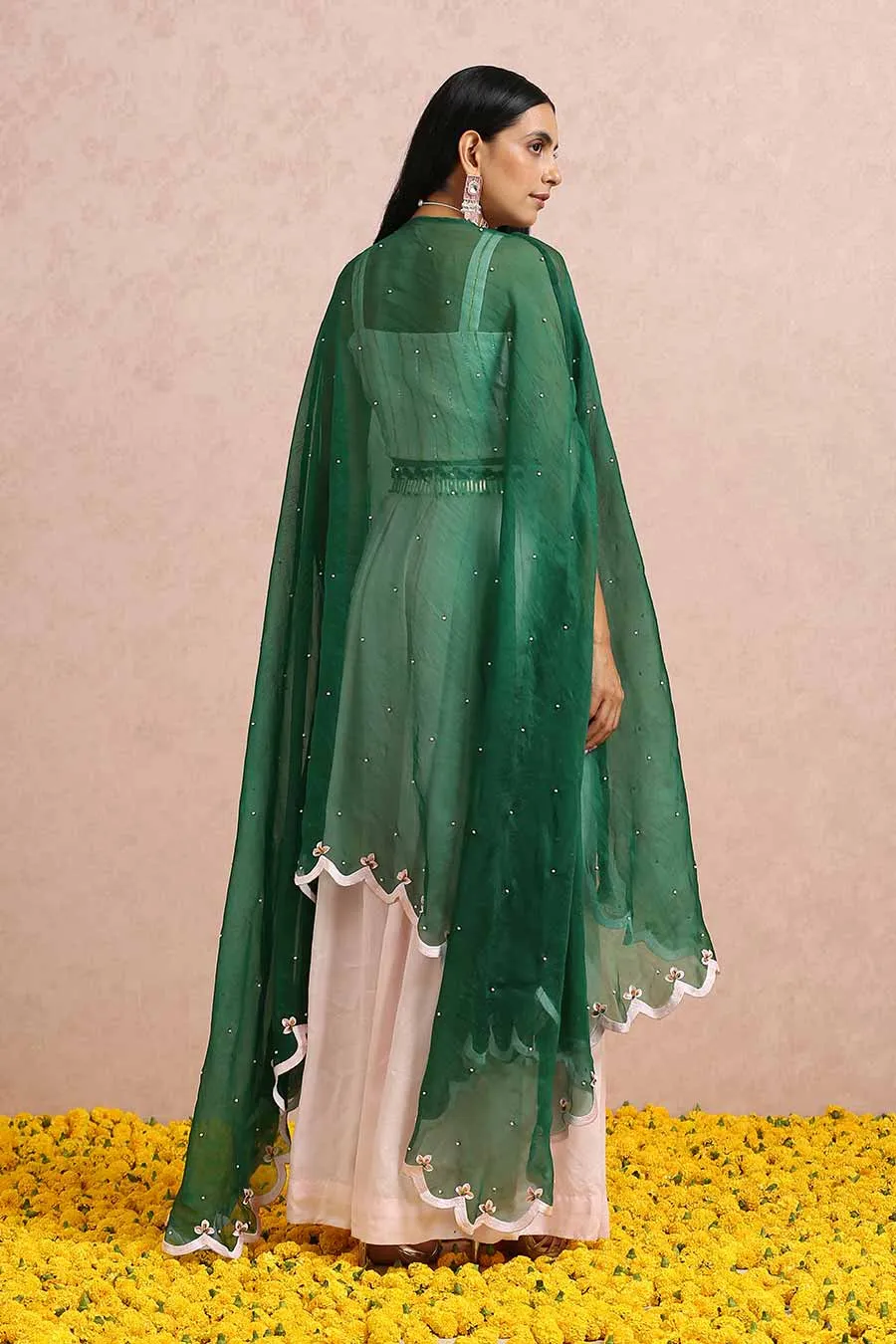 Pink Silk Co-Ord Set With Emerald Cape