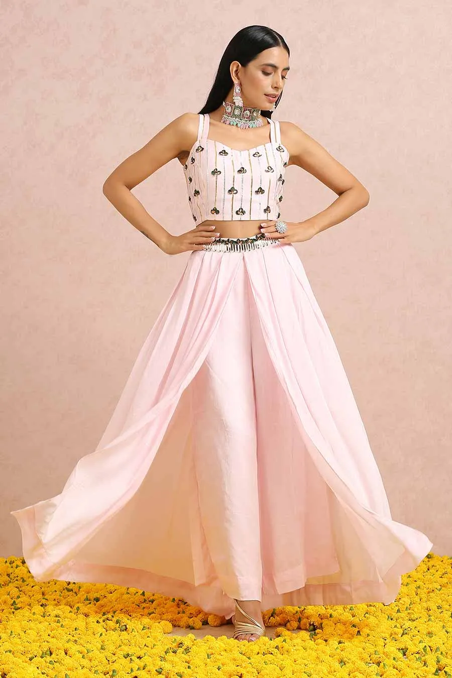 Pink Silk Co-Ord Set With Emerald Cape