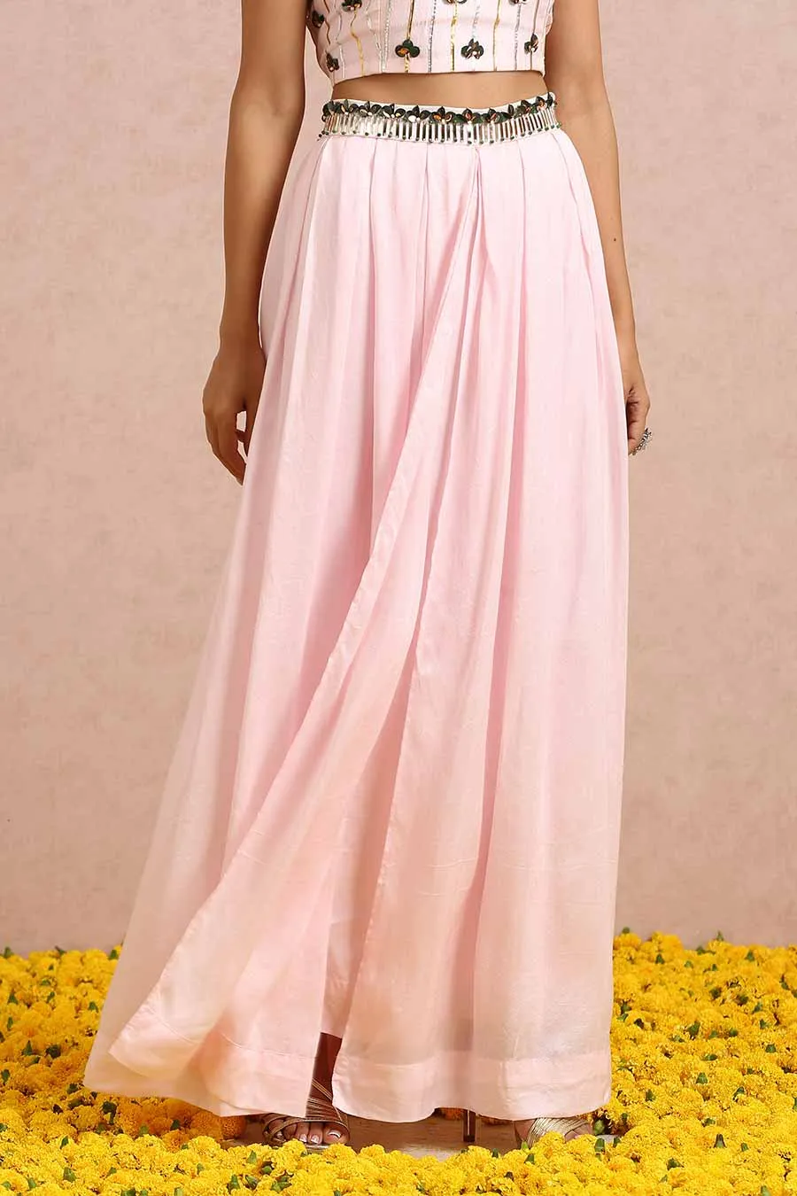 Pink Silk Co-Ord Set With Emerald Cape