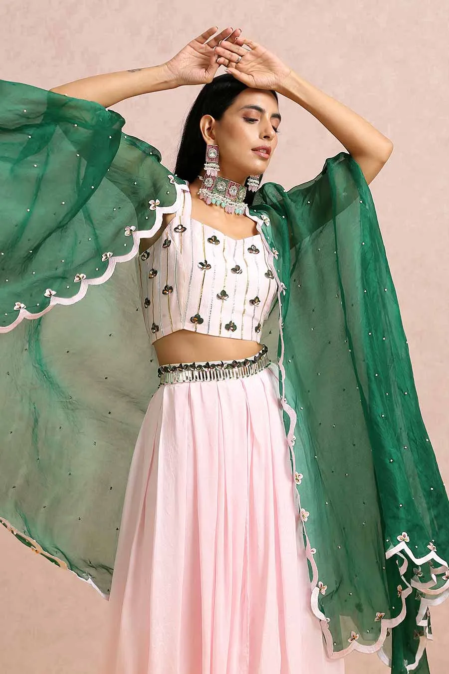 Pink Silk Co-Ord Set With Emerald Cape