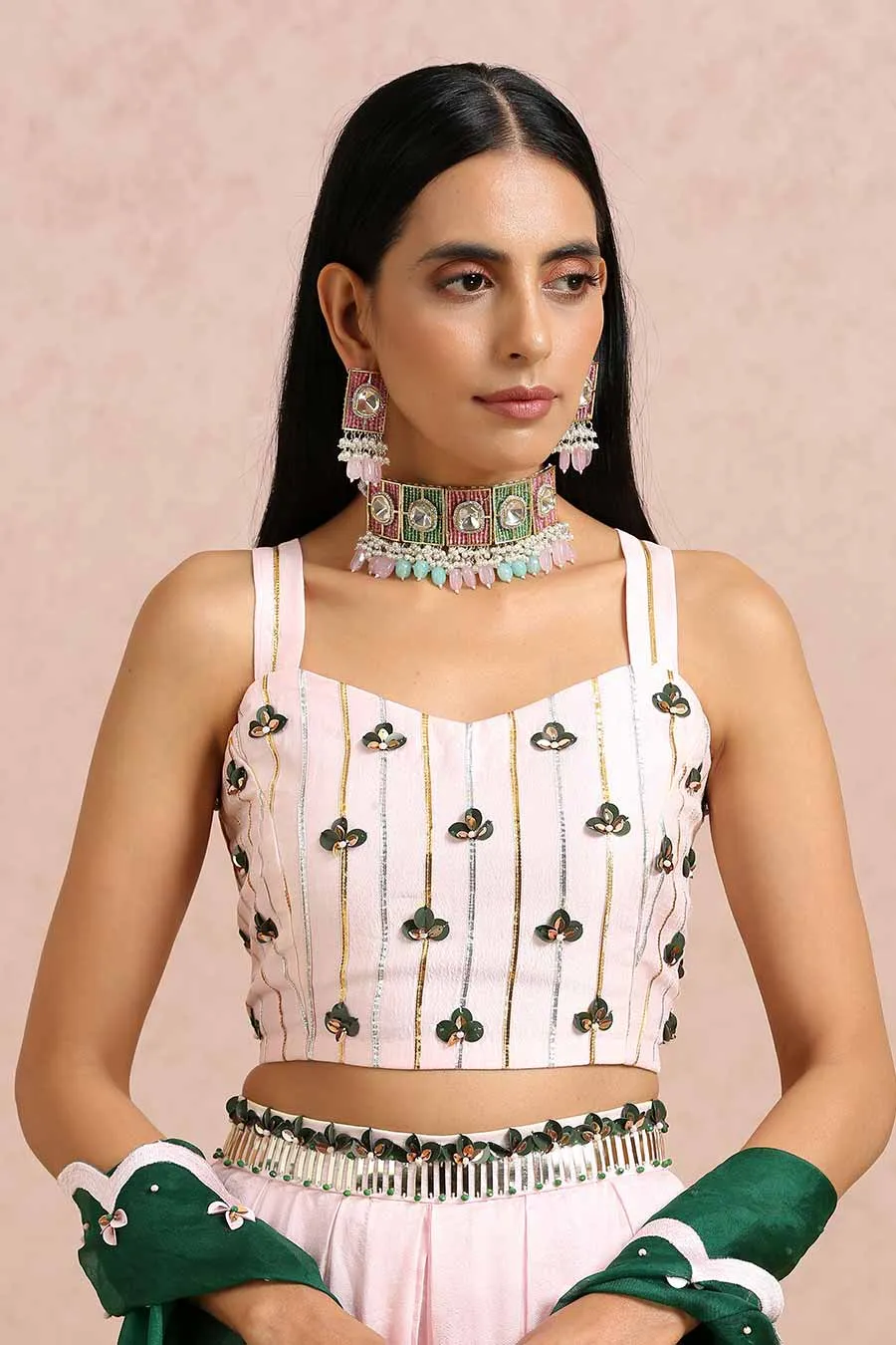 Pink Silk Co-Ord Set With Emerald Cape