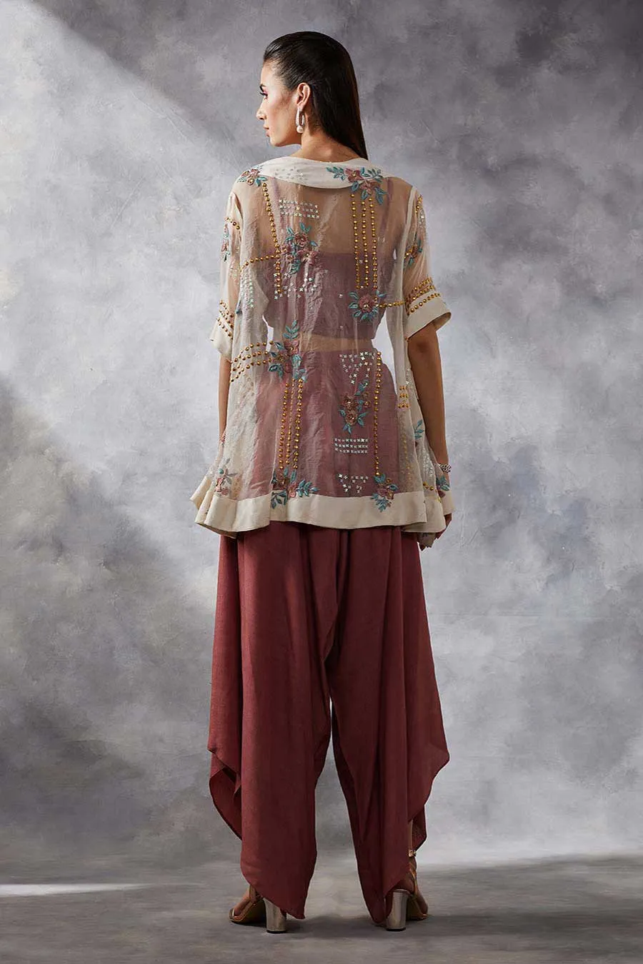 Pink Top & Dhoti Pants Set With Cape