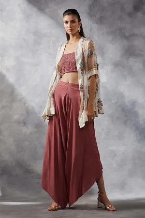 Pink Top & Dhoti Pants Set With Cape