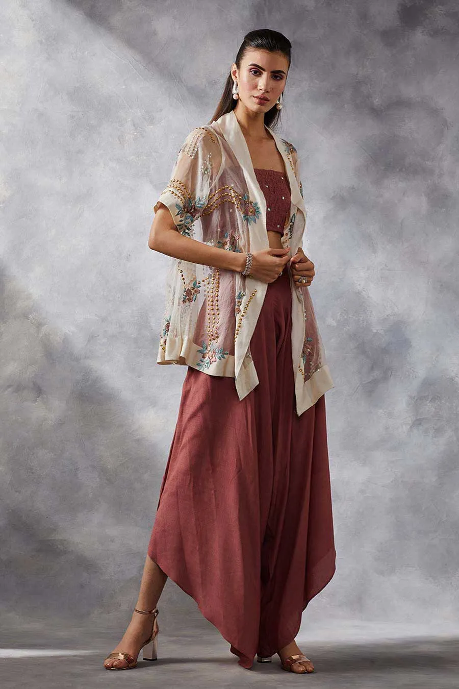 Pink Top & Dhoti Pants Set With Cape
