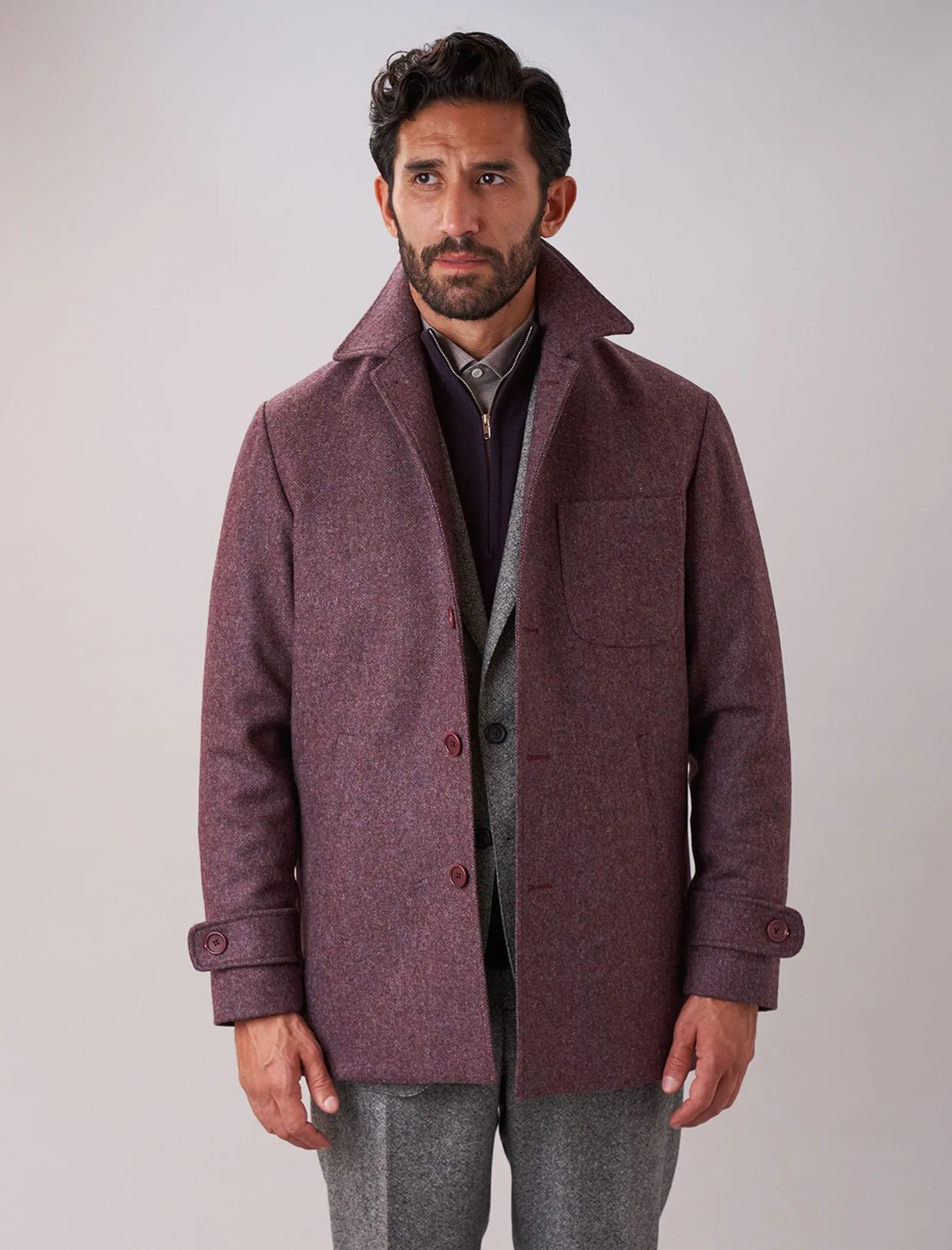 Plum Herringbone Wool Overcoat
