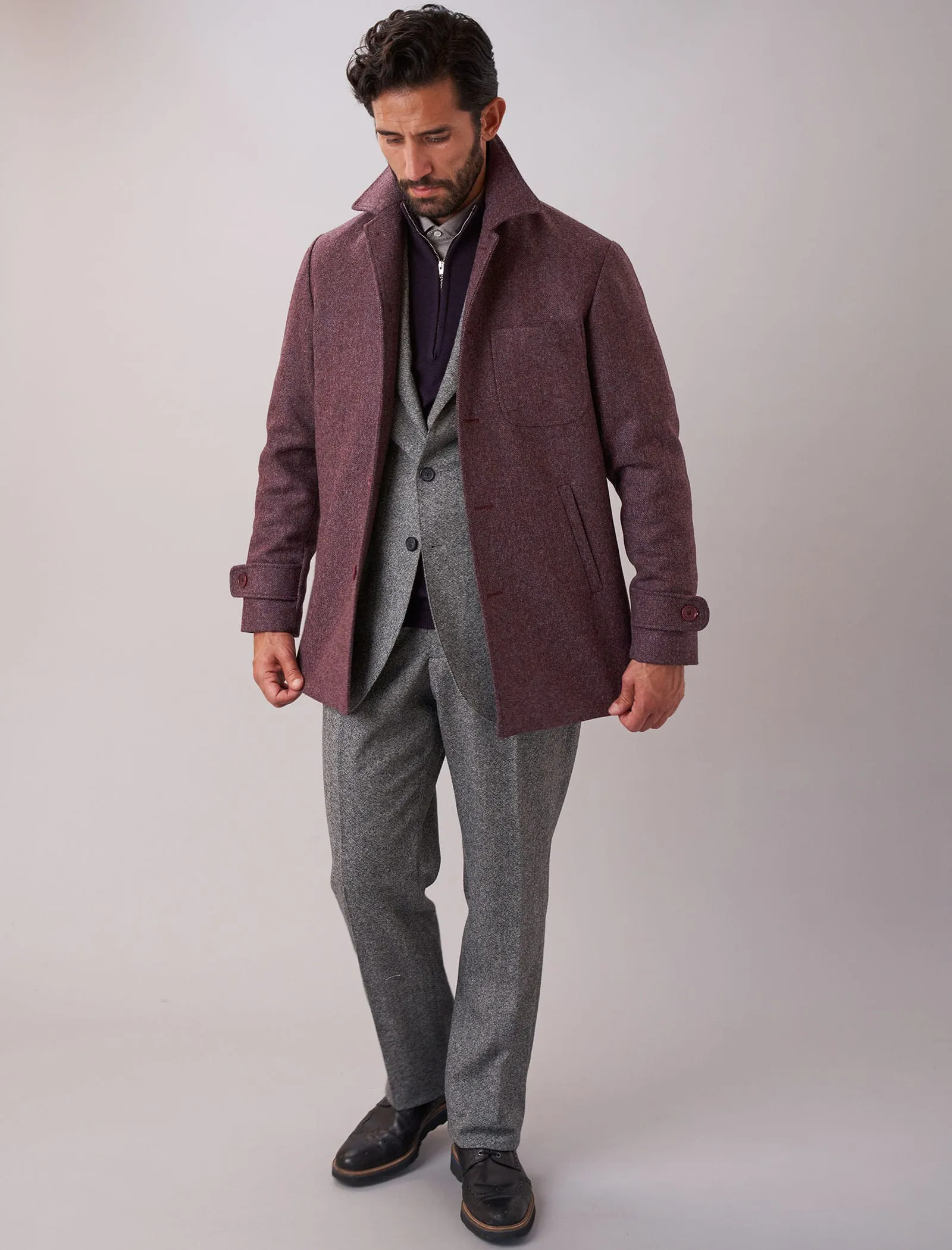 Plum Herringbone Wool Overcoat