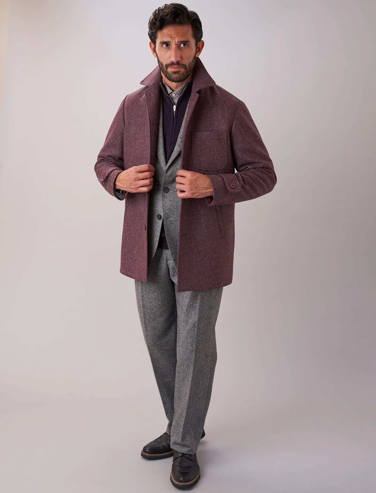 Plum Herringbone Wool Overcoat
