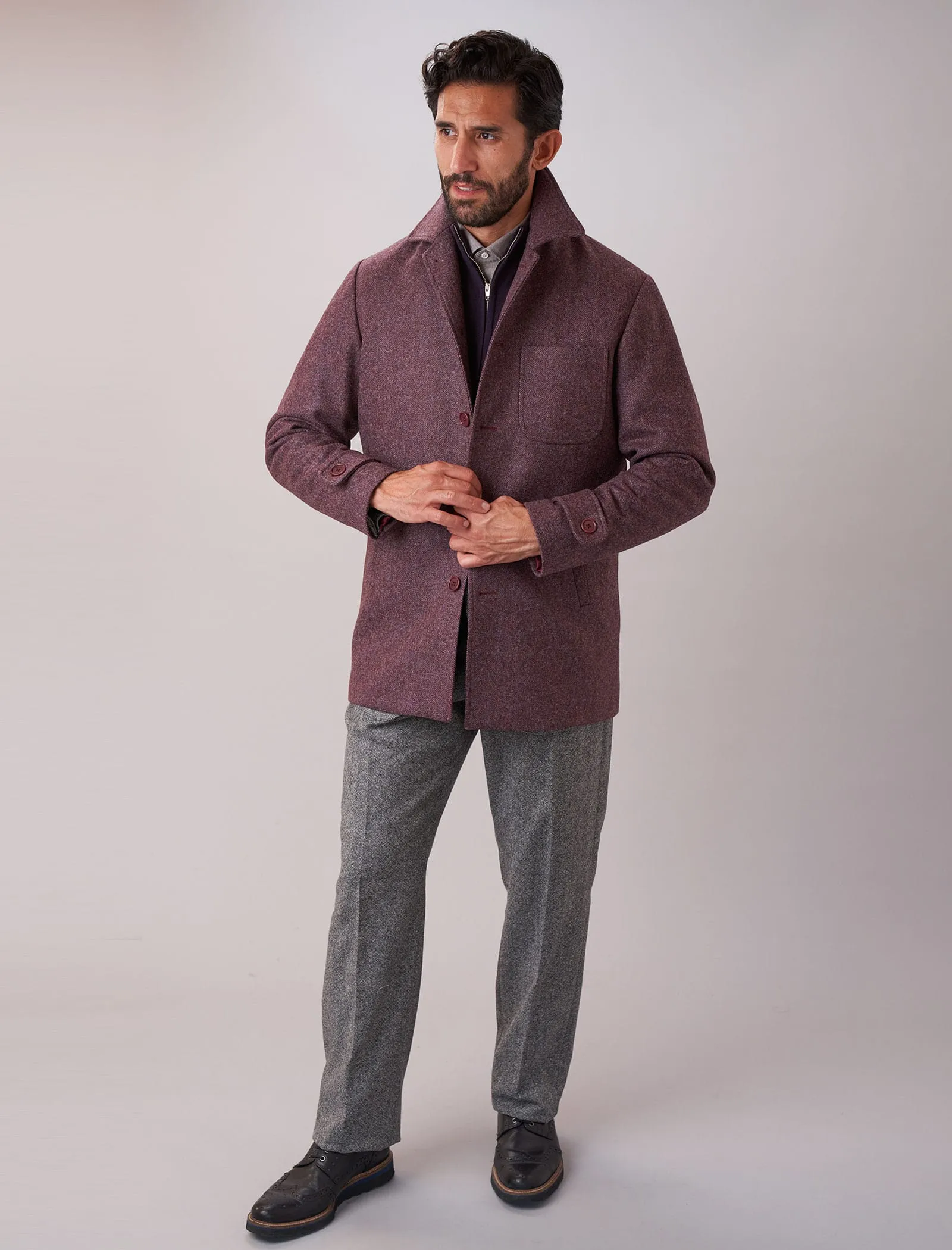 Plum Herringbone Wool Overcoat