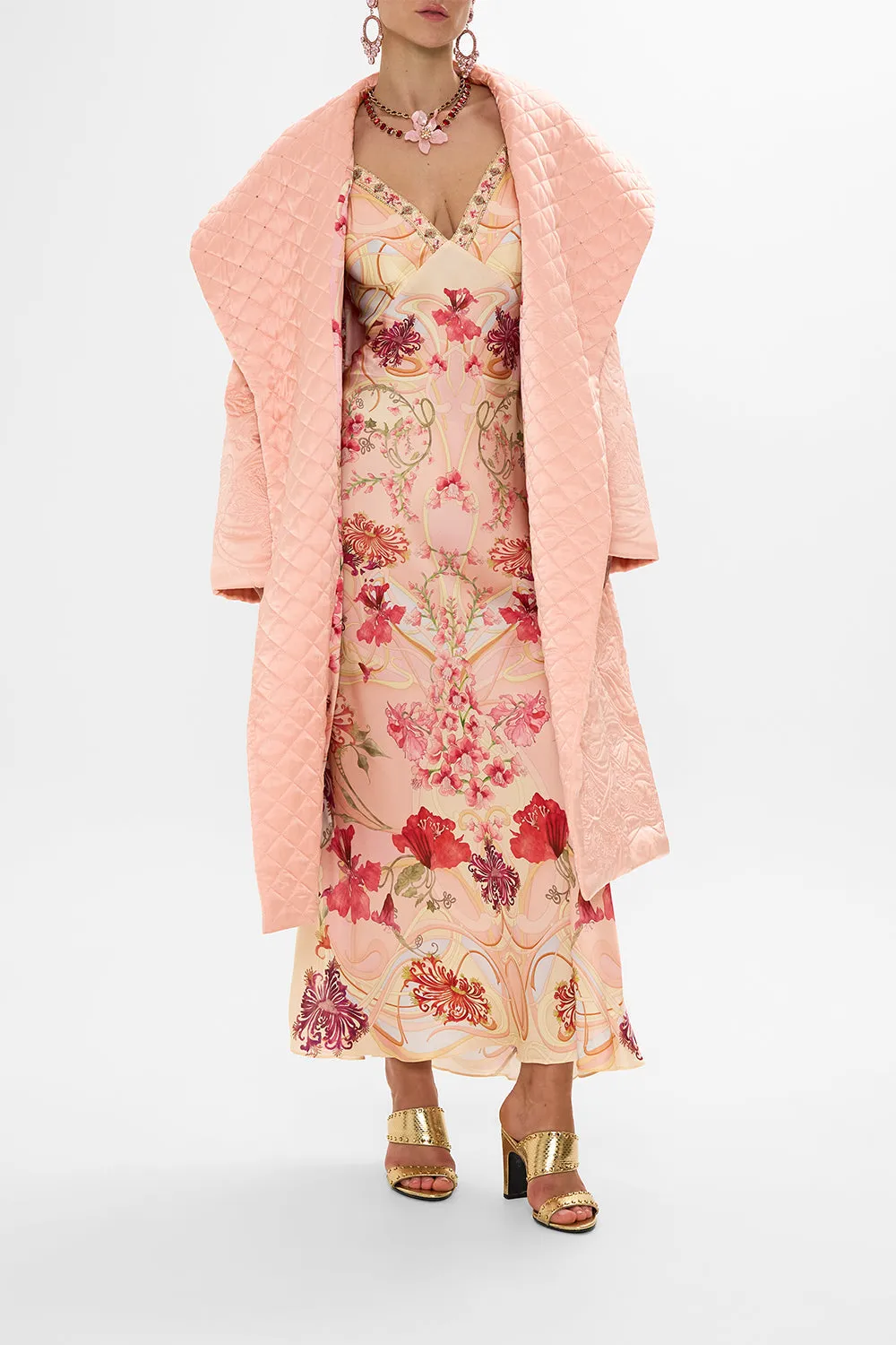 QUILTED LONG WRAP COAT BLOSSOMS AND BRUSHSTROKES