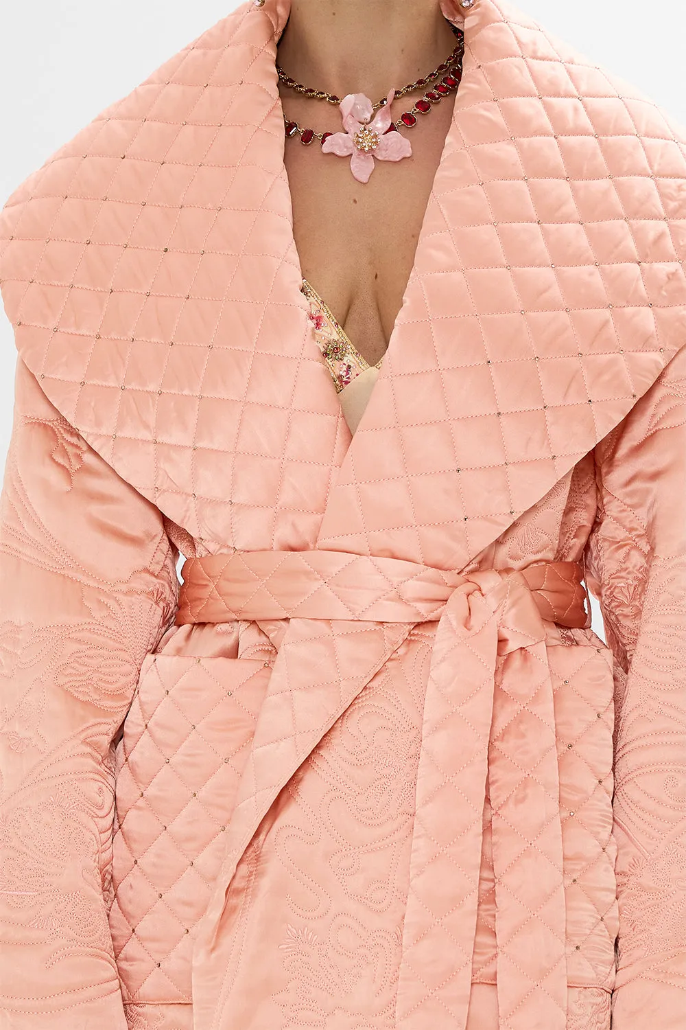 QUILTED LONG WRAP COAT BLOSSOMS AND BRUSHSTROKES