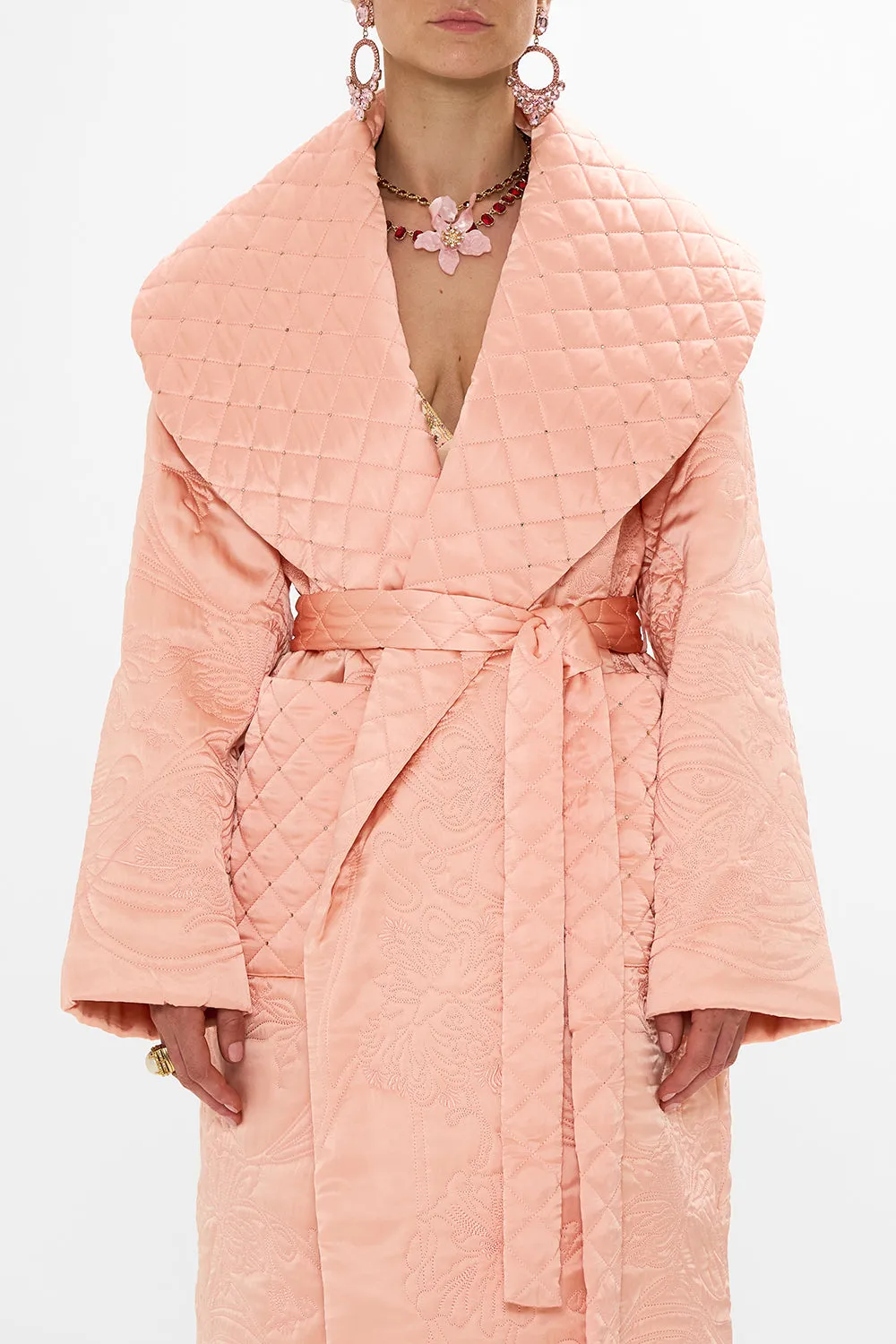 QUILTED LONG WRAP COAT BLOSSOMS AND BRUSHSTROKES