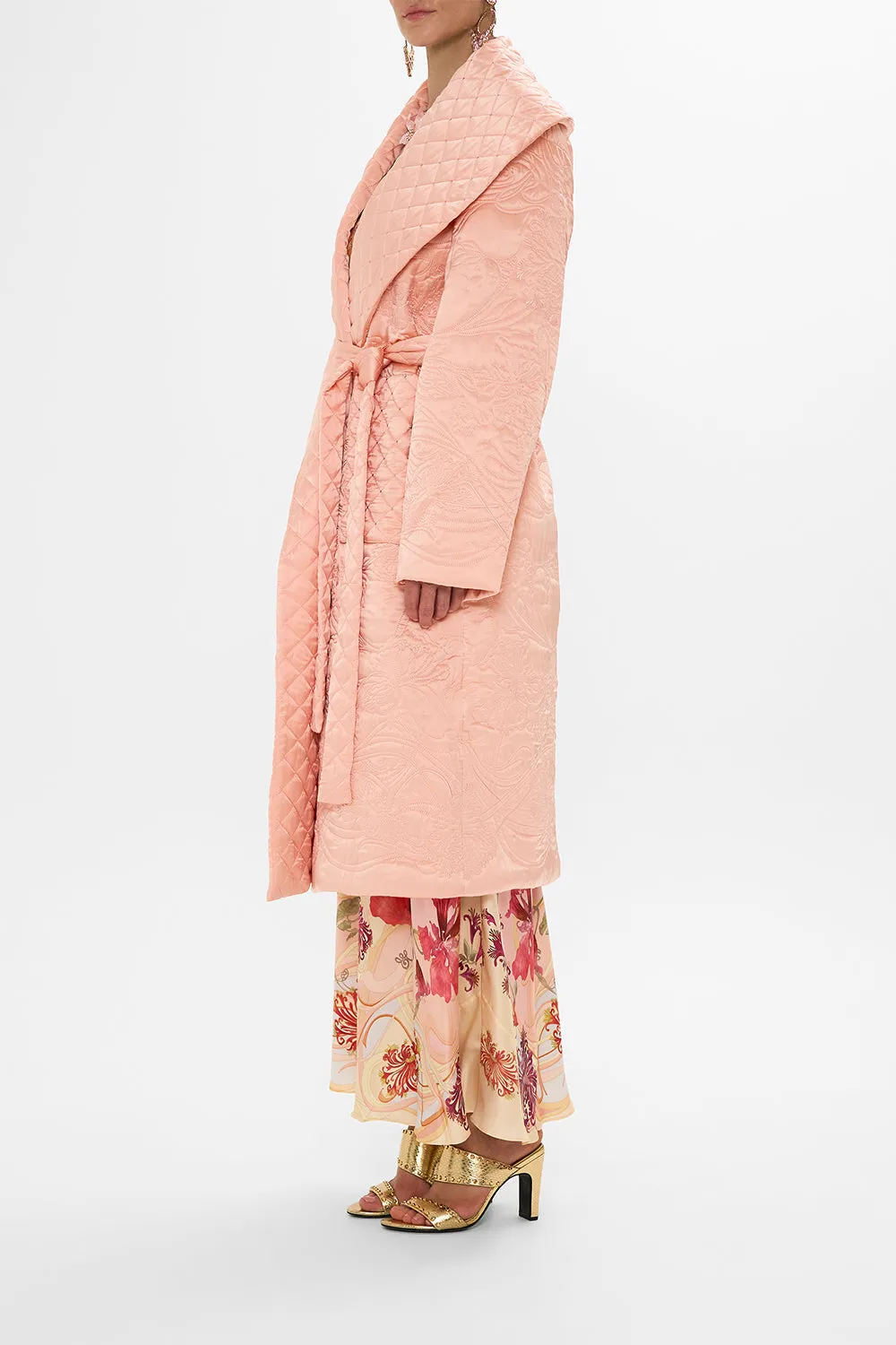 QUILTED LONG WRAP COAT BLOSSOMS AND BRUSHSTROKES
