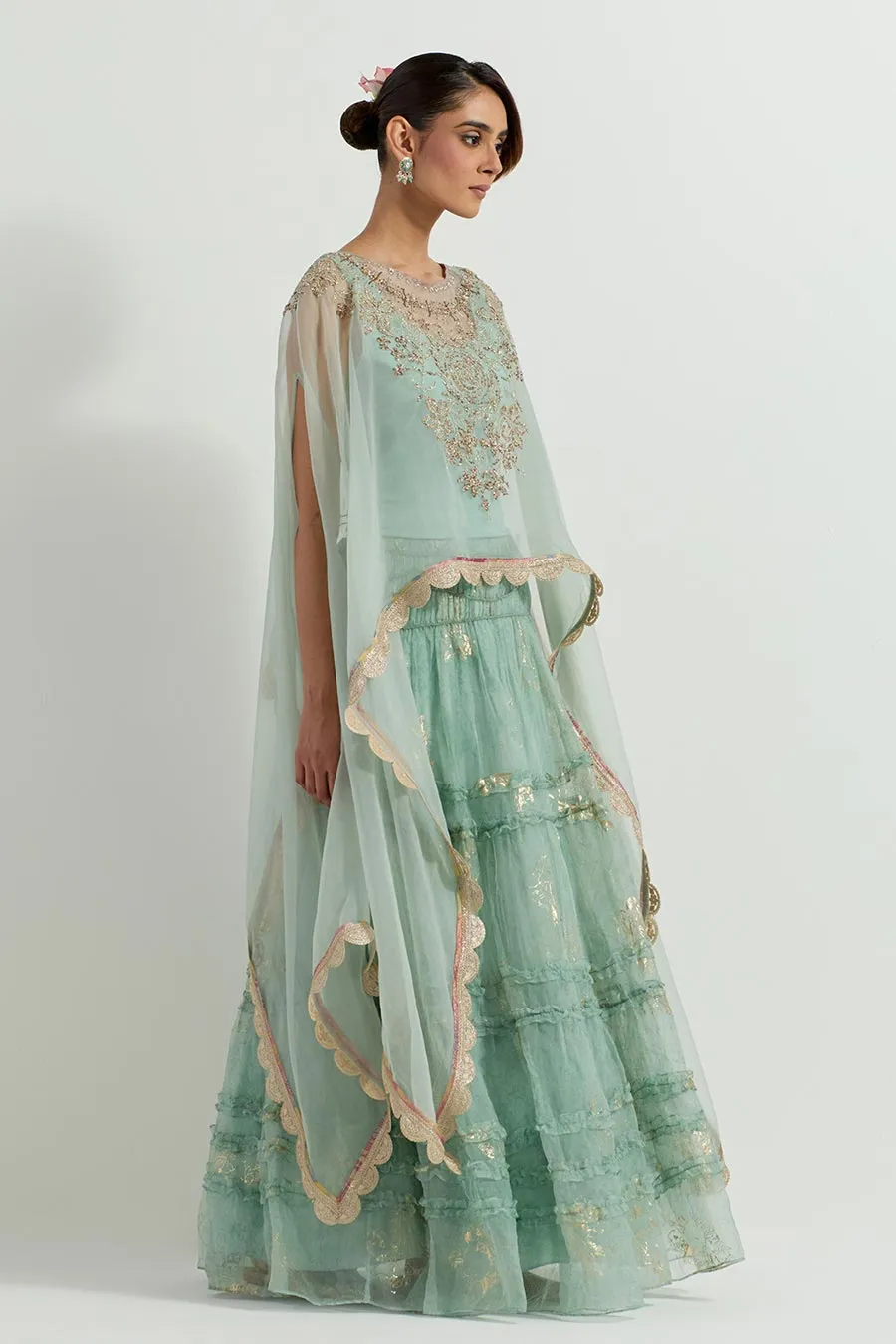 Raeth Sage Organza Embroidered Cape & Ruffle Lehenga Set