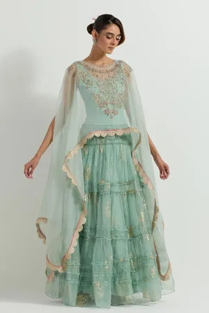 Raeth Sage Organza Embroidered Cape & Ruffle Lehenga Set