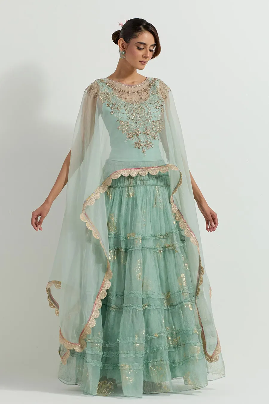 Raeth Sage Organza Embroidered Cape & Ruffle Lehenga Set