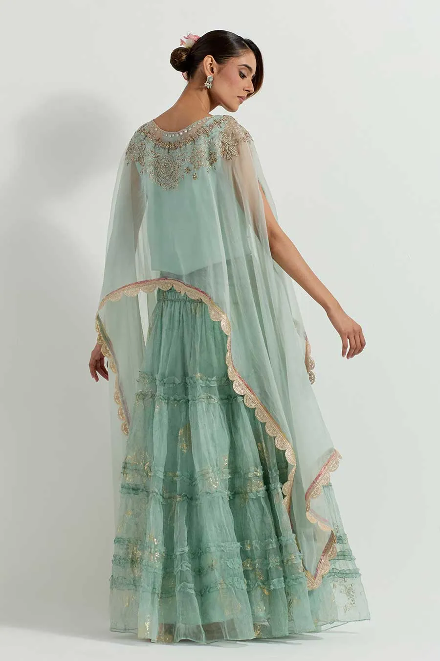 Raeth Sage Organza Embroidered Cape & Ruffle Lehenga Set