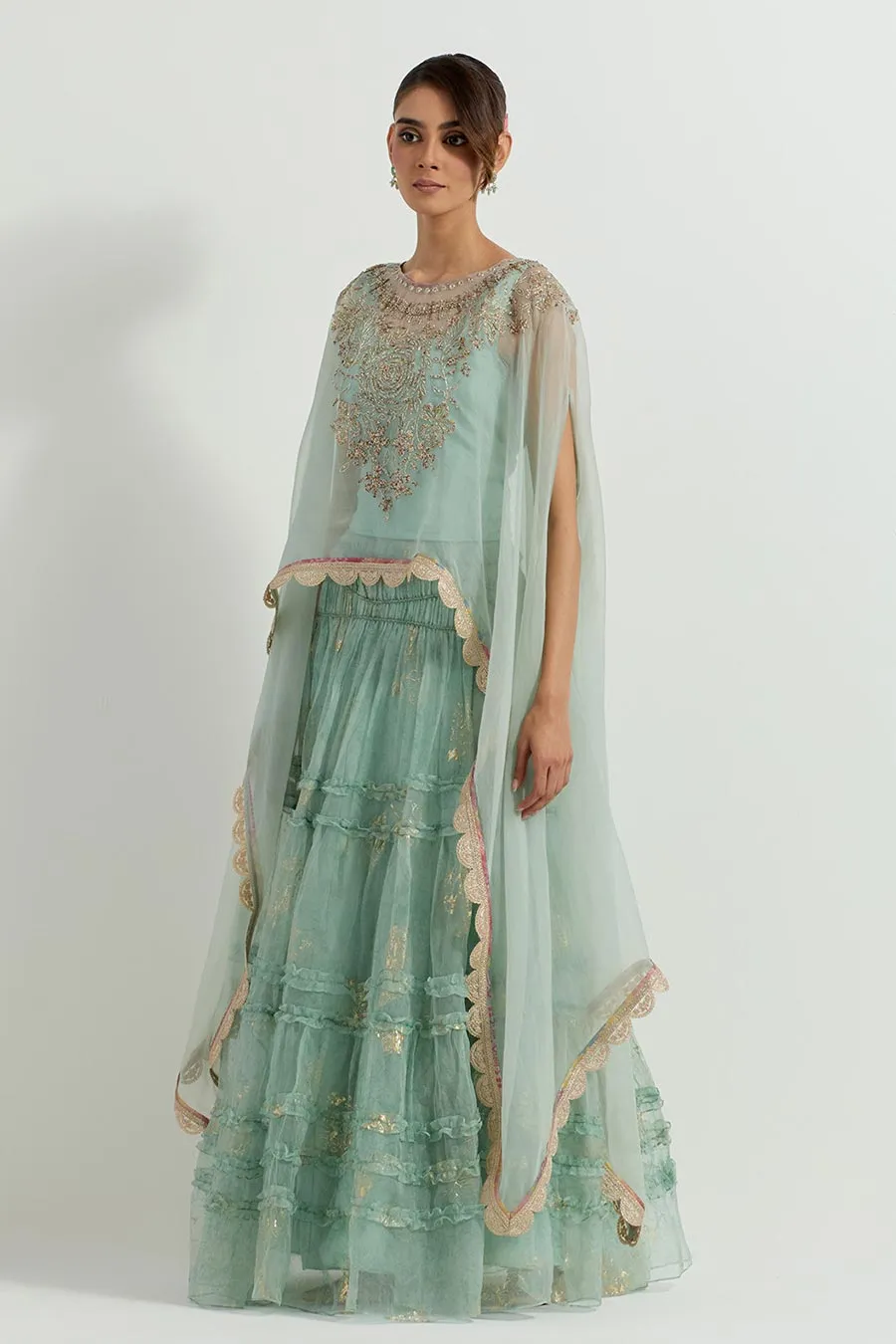 Raeth Sage Organza Embroidered Cape & Ruffle Lehenga Set