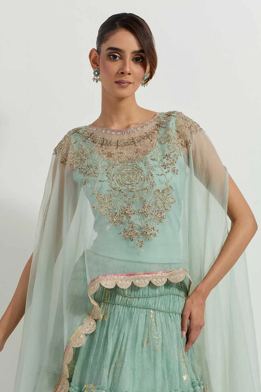Raeth Sage Organza Embroidered Cape & Ruffle Lehenga Set