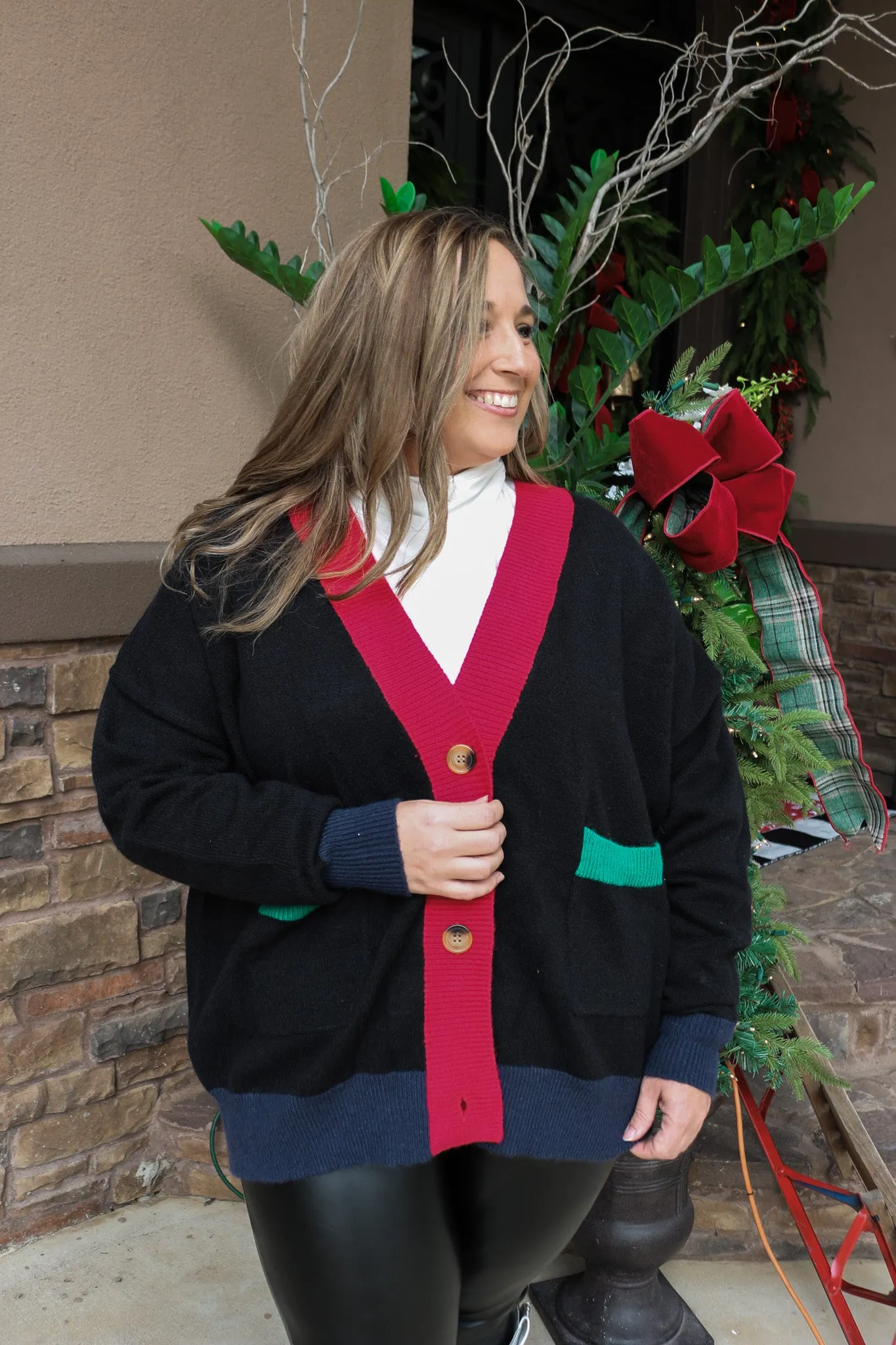 Sequin Nutcracker Color Block Black Cardigan