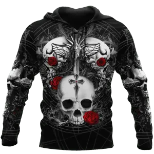 Skulls And Flowers Unisex 3D Hoodie All Over Print, Black Skull Hoodie