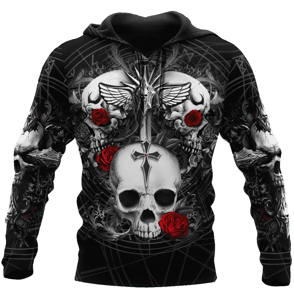 Skulls And Flowers Unisex 3D Hoodie All Over Print, Black Skull Hoodie