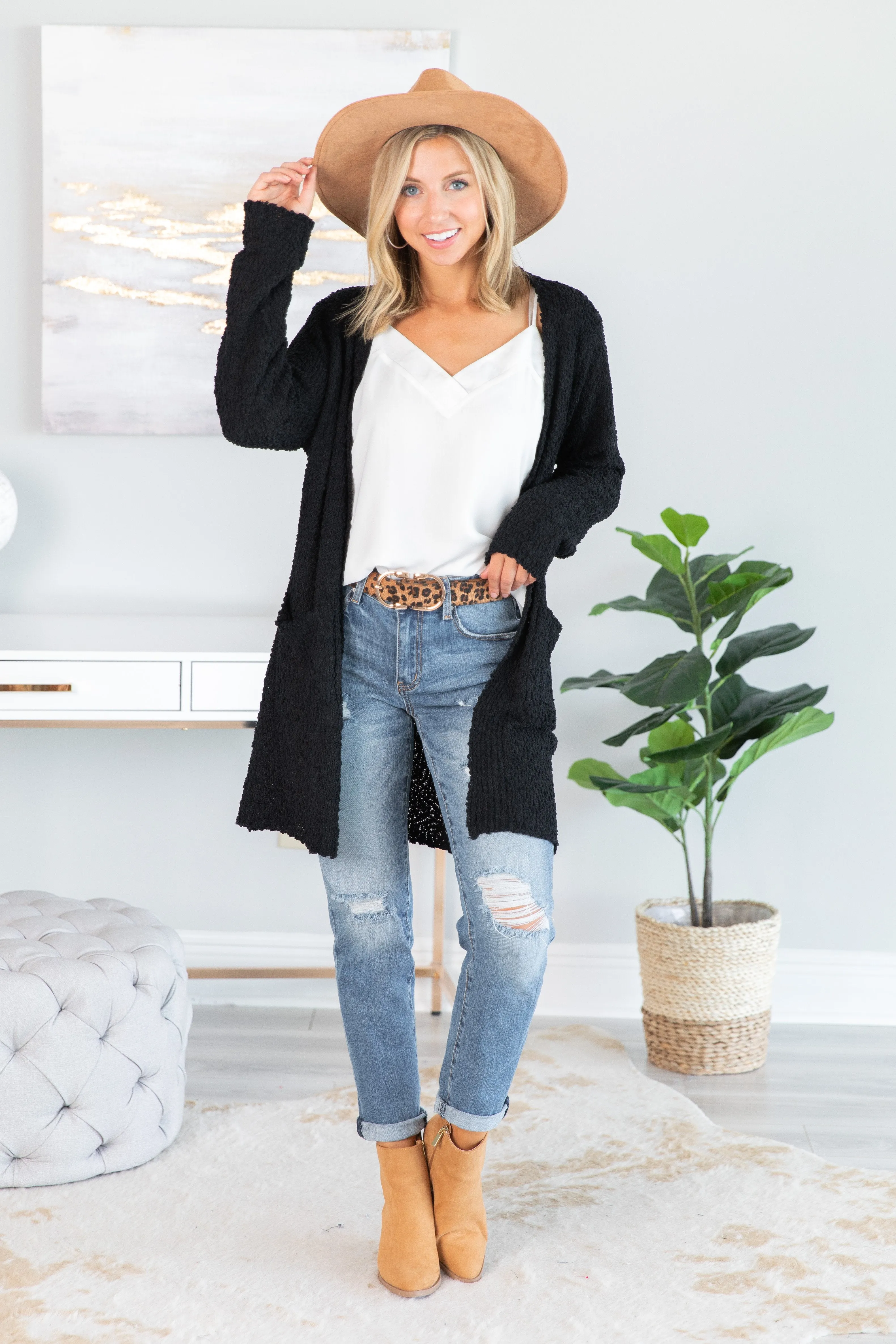 Tell Somebody Black Popcorn Cardigan