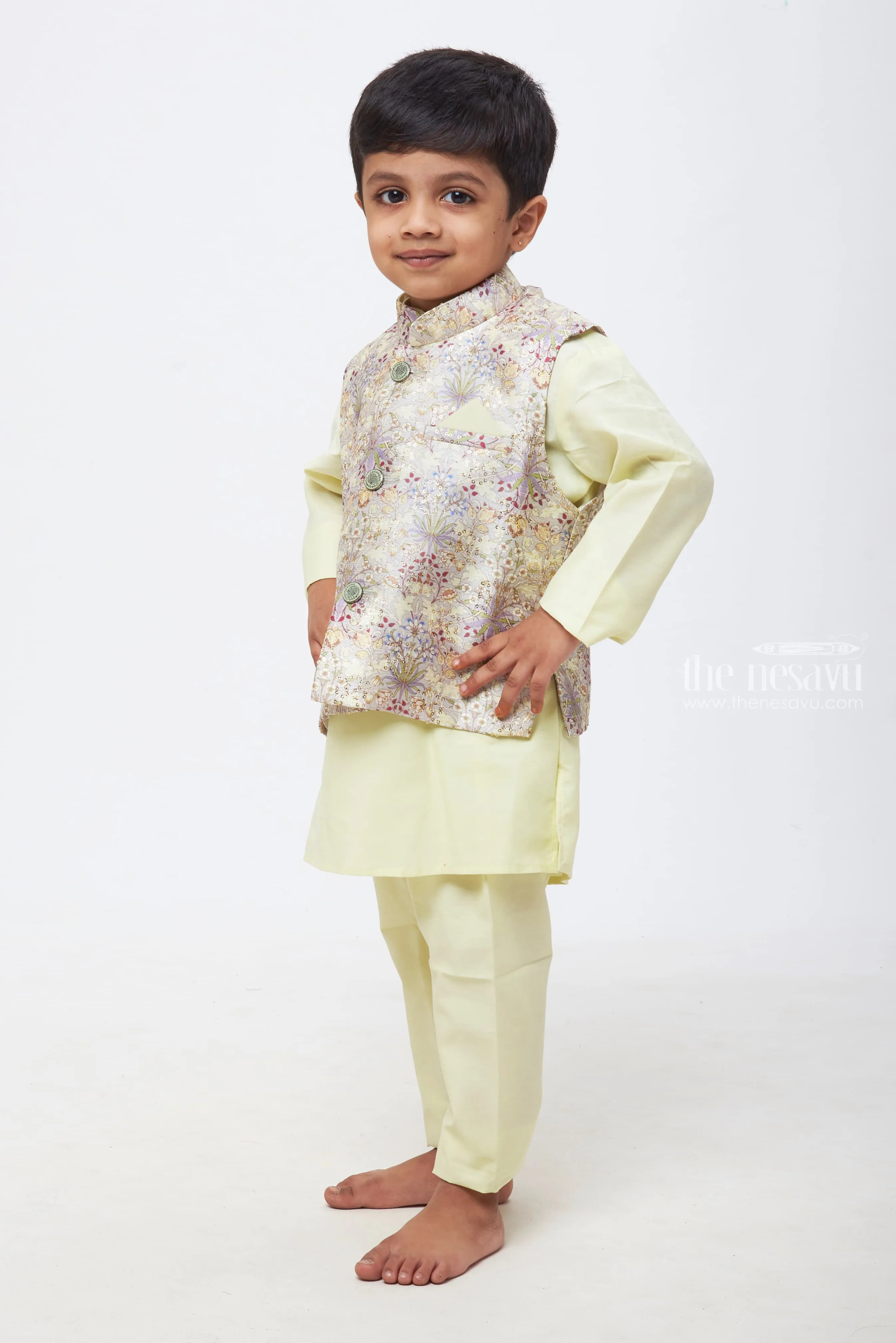 Twilight Blooms: Boys' Kurta with Lustrous Lavender Overcoat Jacket and Pant Set