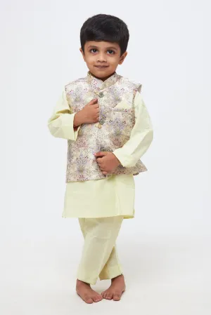 Twilight Blooms: Boys' Kurta with Lustrous Lavender Overcoat Jacket and Pant Set