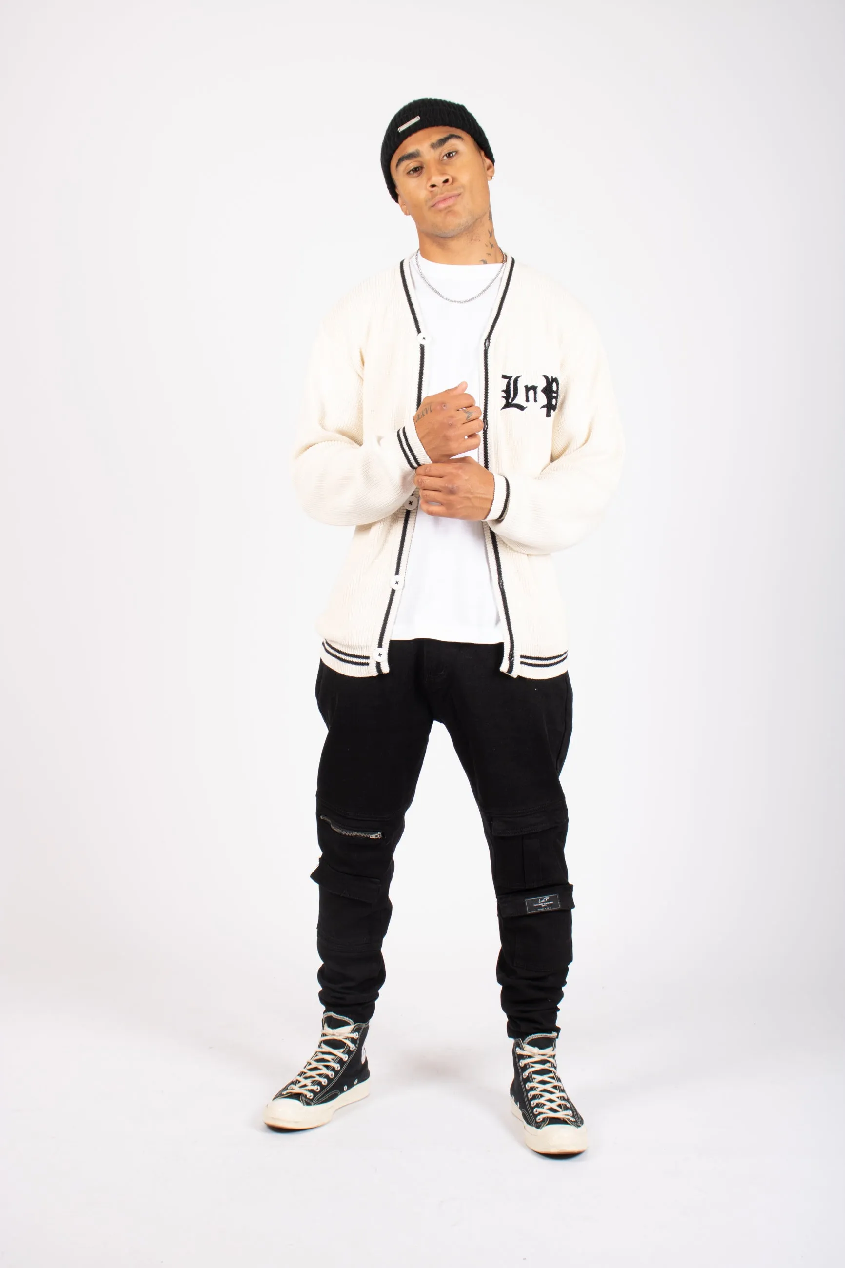 Varsity Knitted Cardigan in Off White