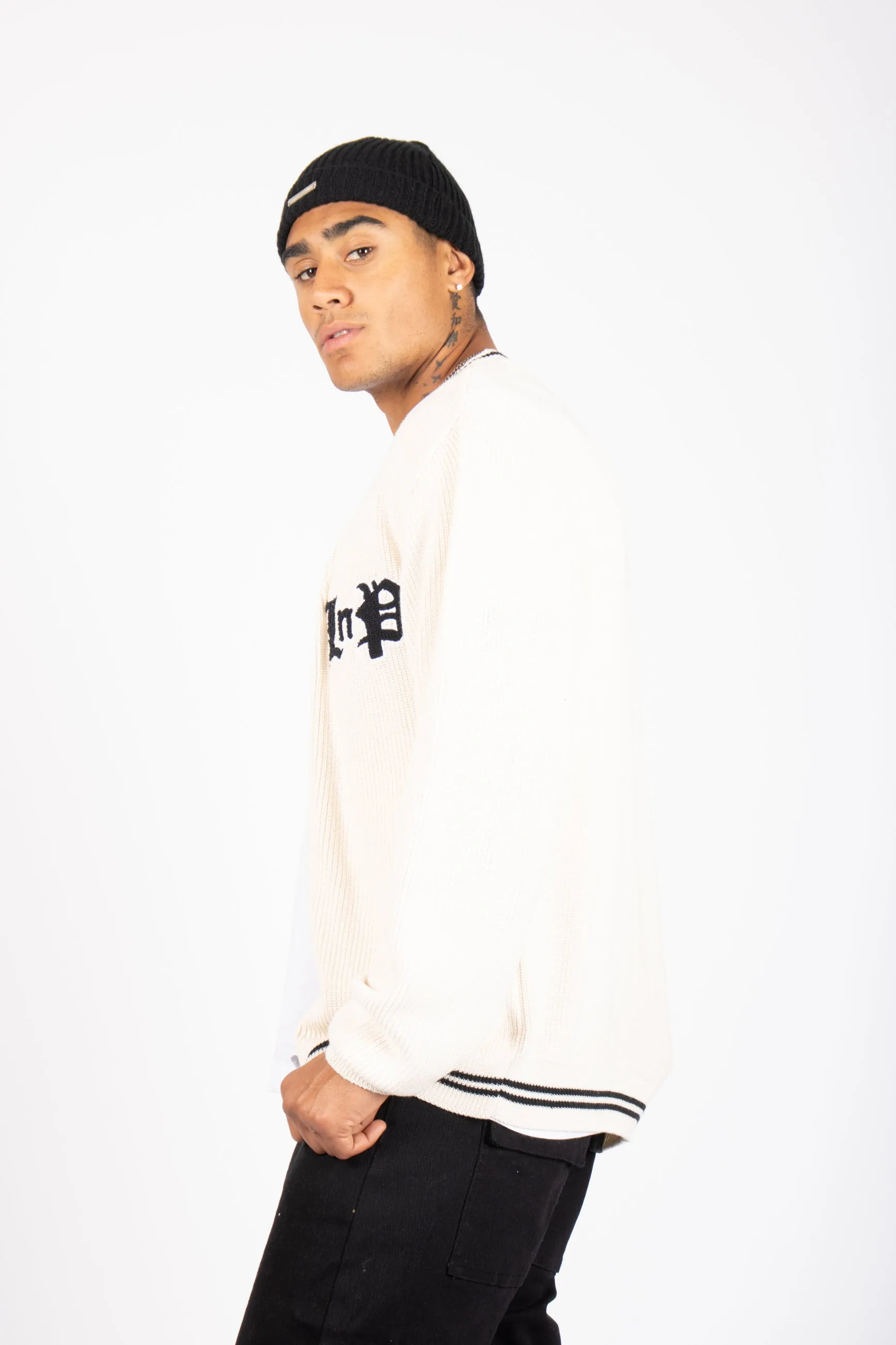 Varsity Knitted Cardigan in Off White